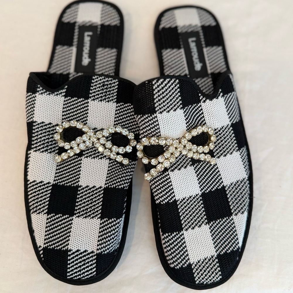 Larroude Black and White Checkered Slippers with Rhinestone Bow